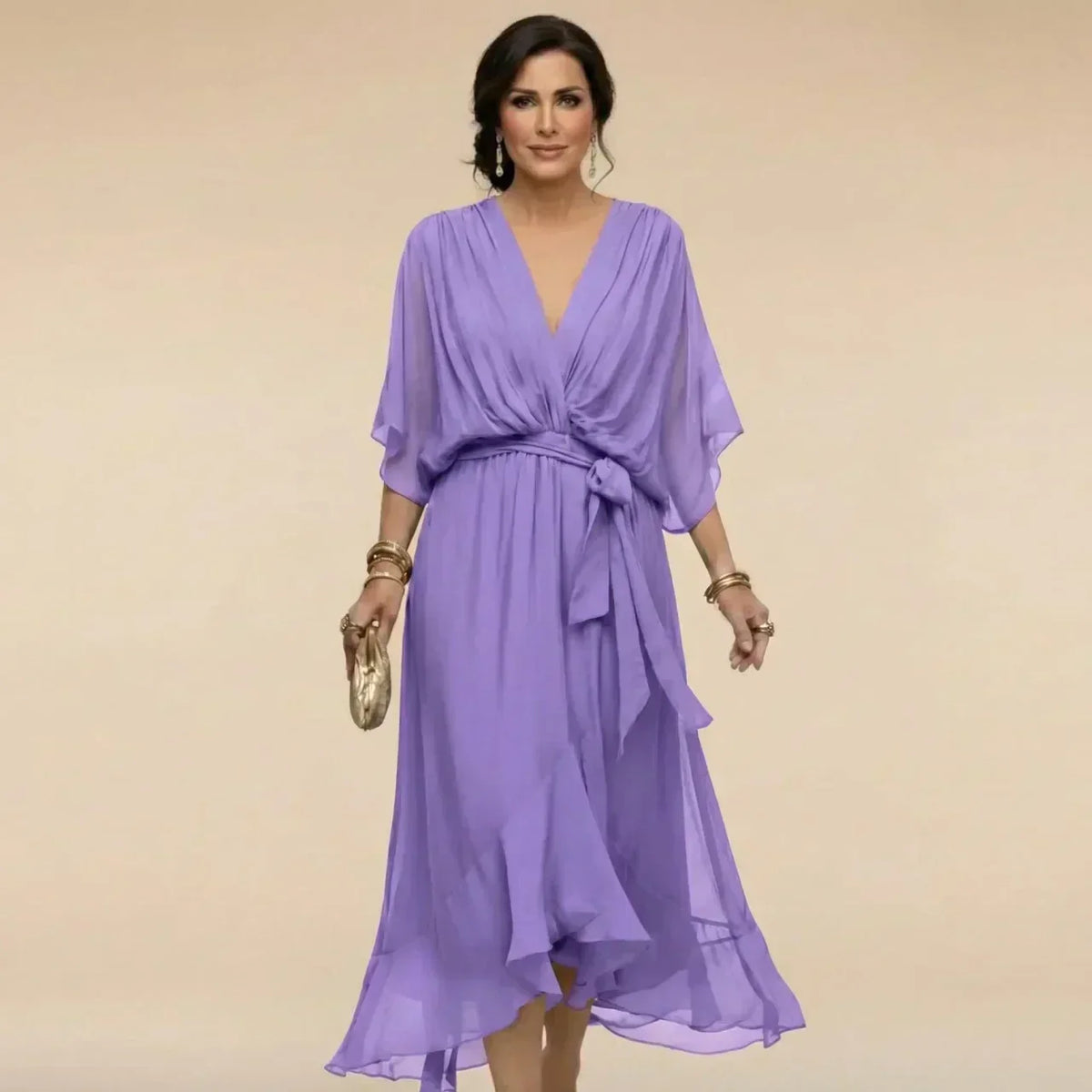 Women's V-Neck Summer Dress – Three-Quarter Sleeve Flowy Dress