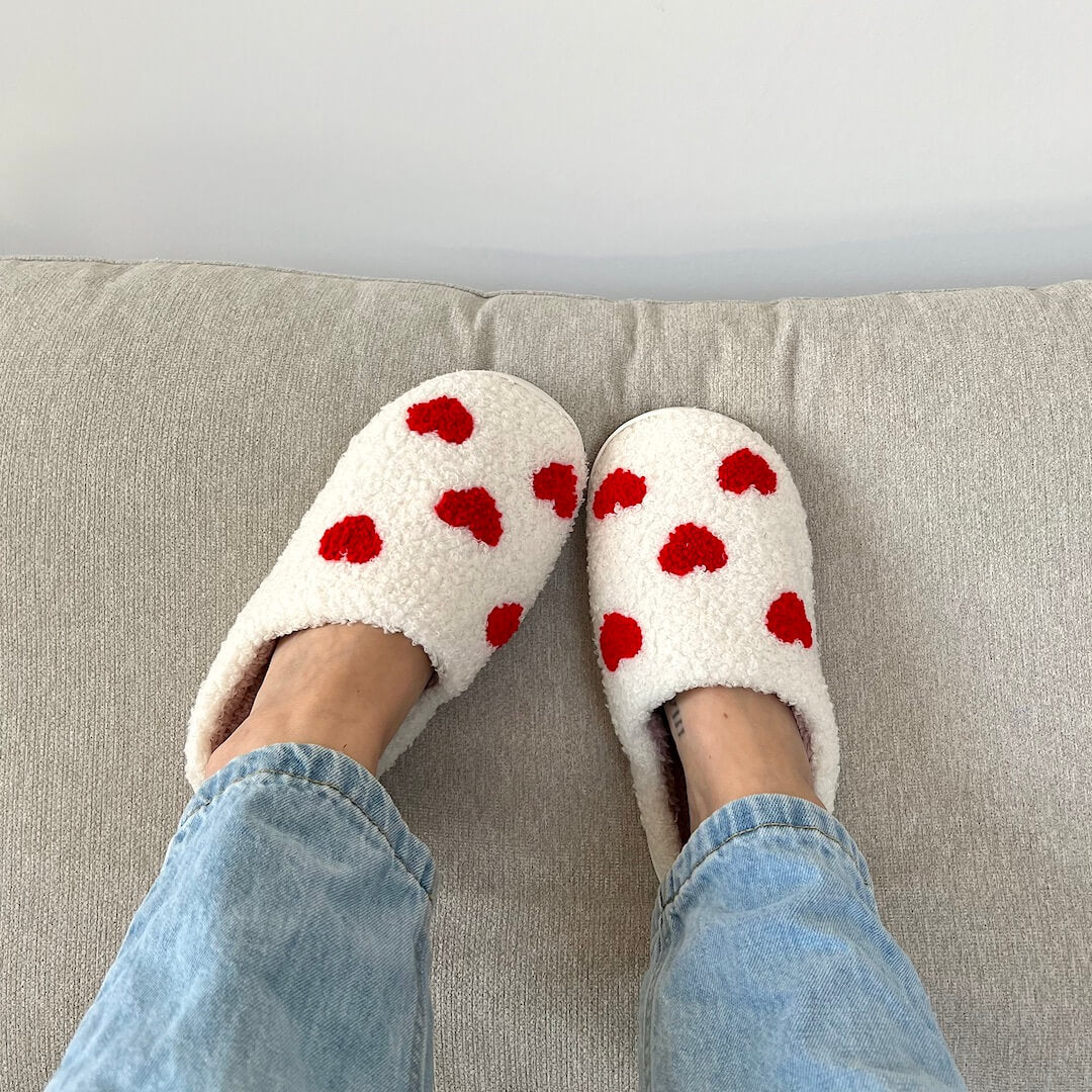 Women's Mule Slippers with a Red Heart Motif | Soft Plush Upper, Open Back, Non Slip Sole | Sizes 5.5-9.5