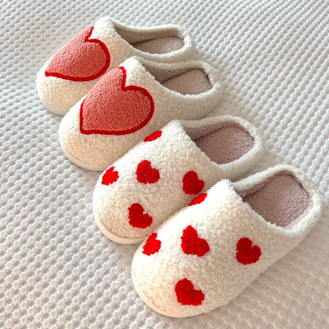 Women's Mule Slippers with a Red Heart Motif | Soft Plush Upper, Open Back, Non Slip Sole | Sizes 5.5-9.5