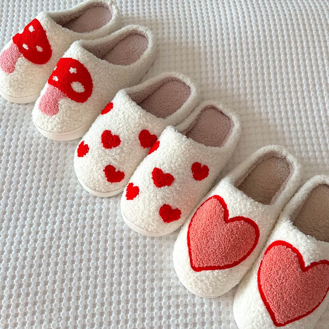 Women's Mule Slippers with a Red Heart Motif | Soft Plush Upper, Open Back, Non Slip Sole | Sizes 5.5-9.5