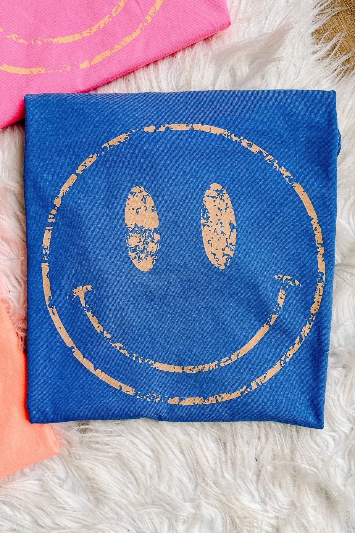 Colorful Distressed Happy Faces Graphic Tee - Multiple Color