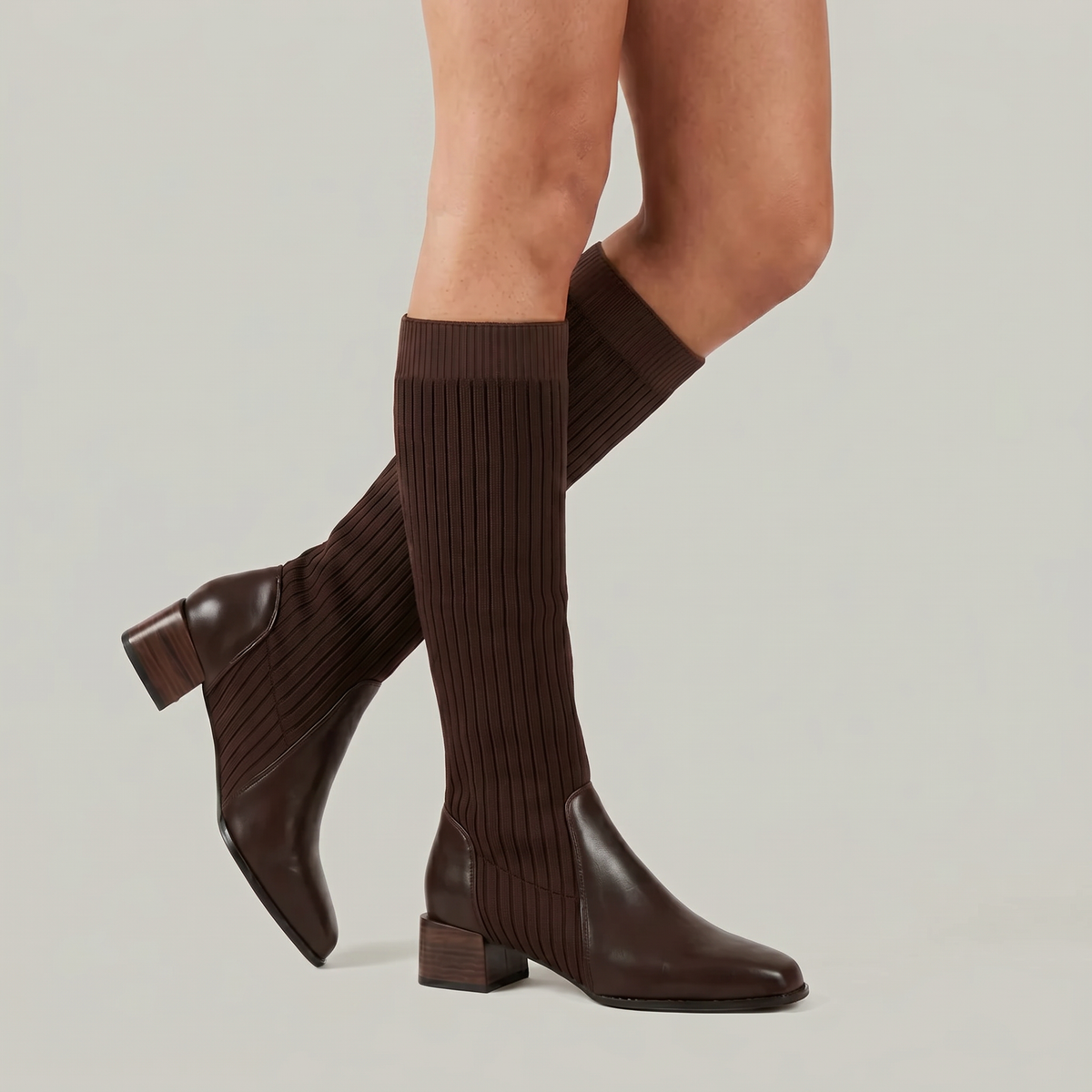 Vilma Ribbed Knit Block Heel Knee-High Boots