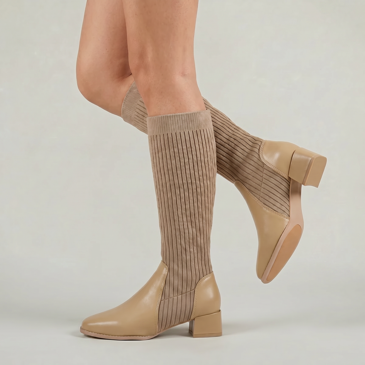 Vilma Ribbed Knit Block Heel Knee-High Boots