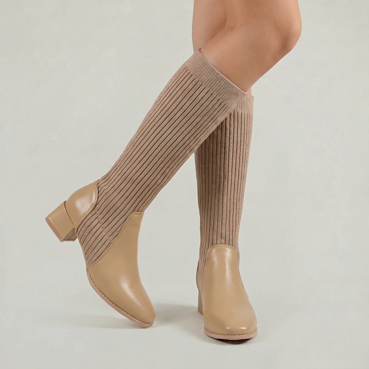 Vilma Ribbed Knit Block Heel Knee-High Boots