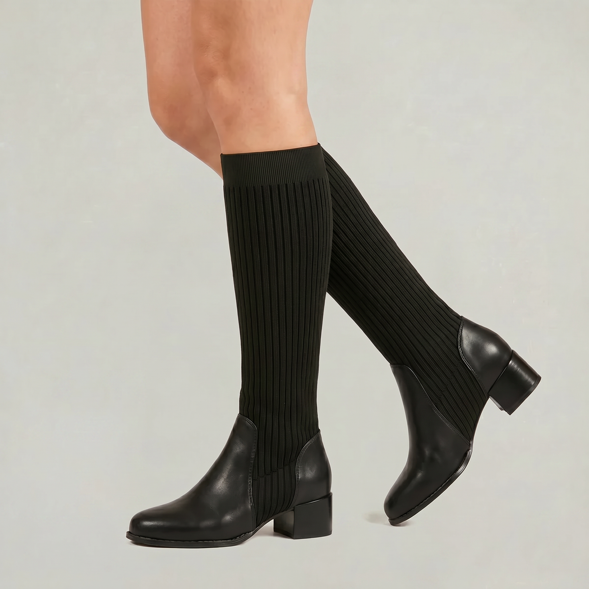 Vilma Ribbed Knit Block Heel Knee-High Boots