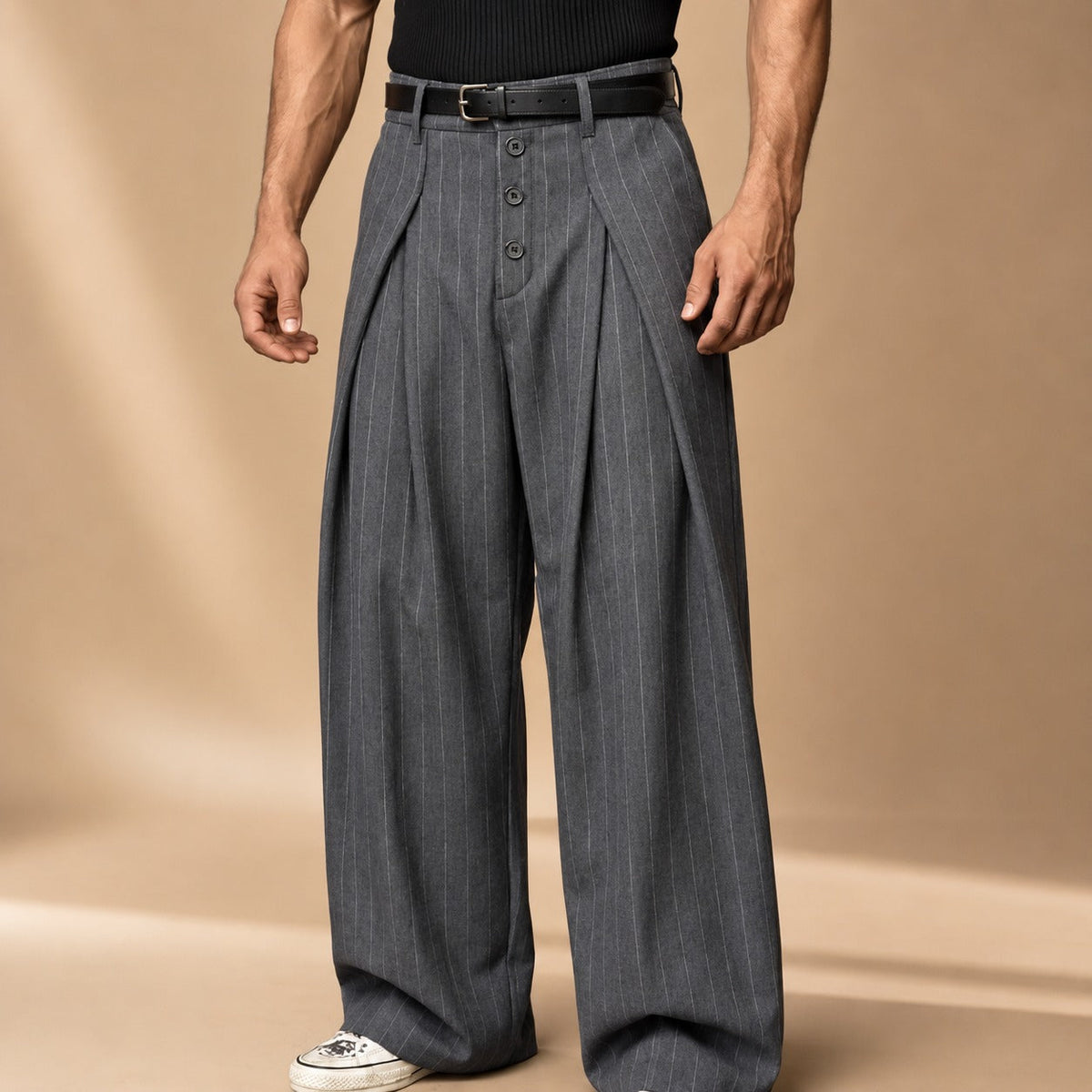 Men's Striped Wide-Leg Trousers, Pleated Front, Button Fly