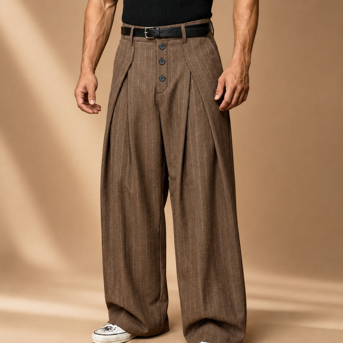Men's Striped Wide-Leg Trousers, Pleated Front, Button Fly