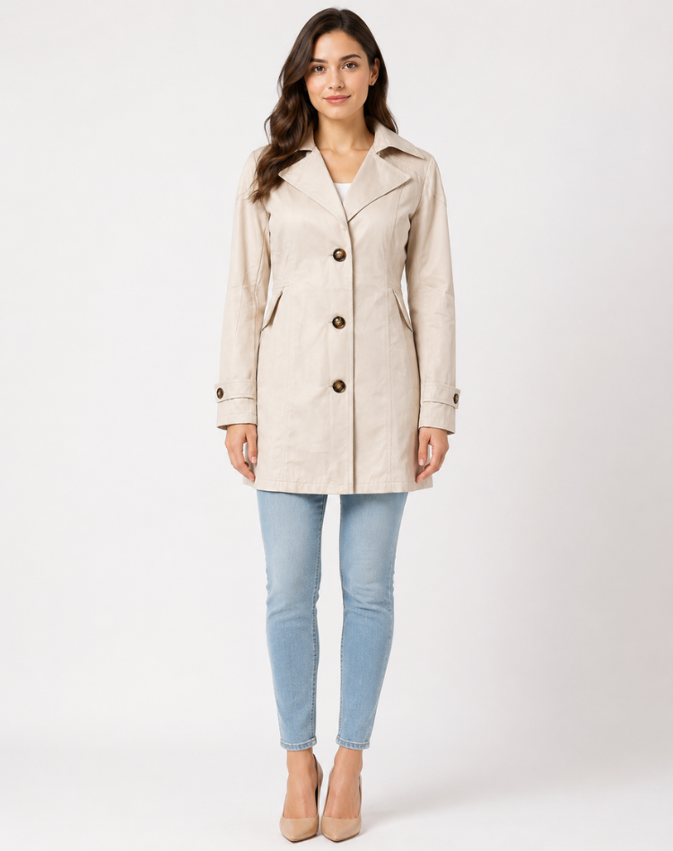 Women's Classic Short Trench Coat, Button Front, Long Sleeves