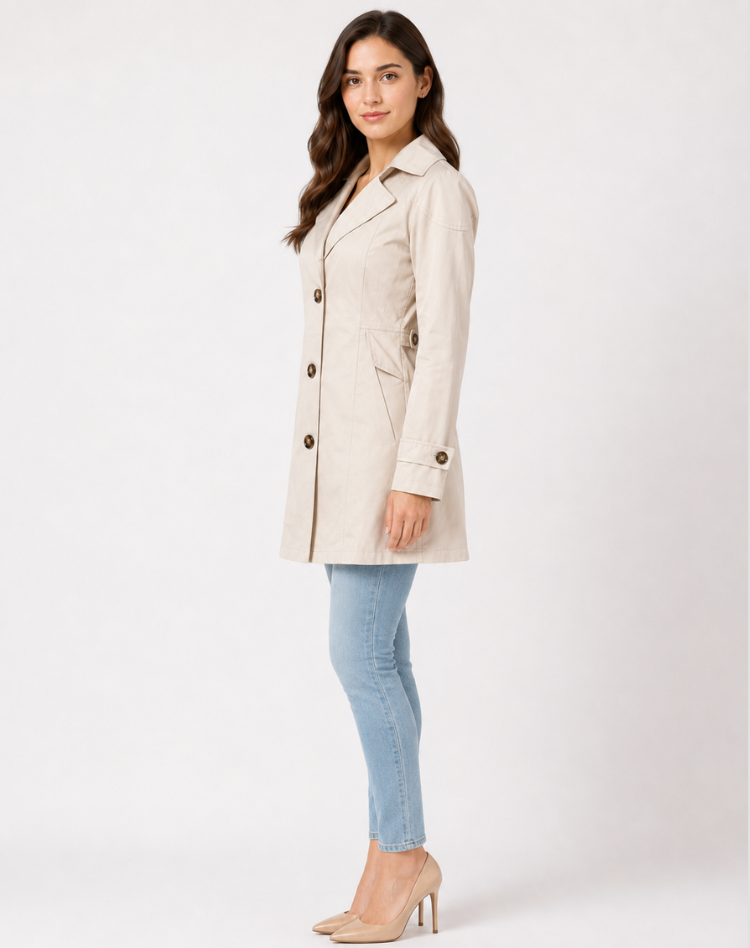 Women's Classic Short Trench Coat, Button Front, Long Sleeves