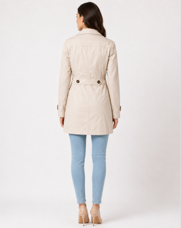 Women's Classic Short Trench Coat, Button Front, Long Sleeves