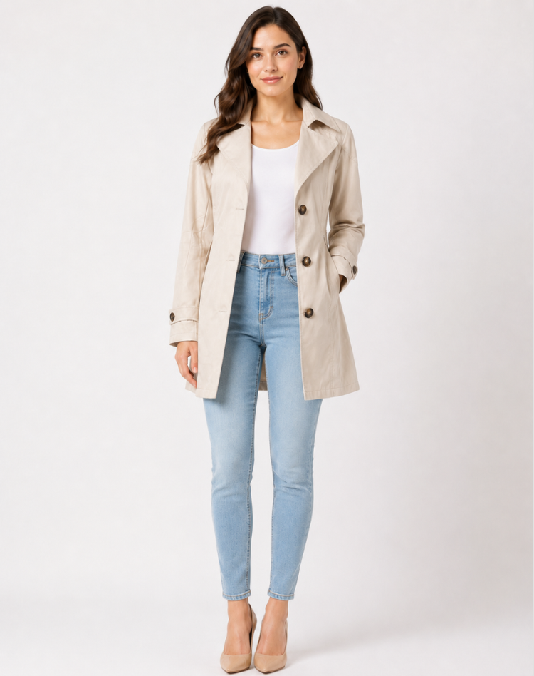 Women's Classic Short Trench Coat, Button Front, Long Sleeves