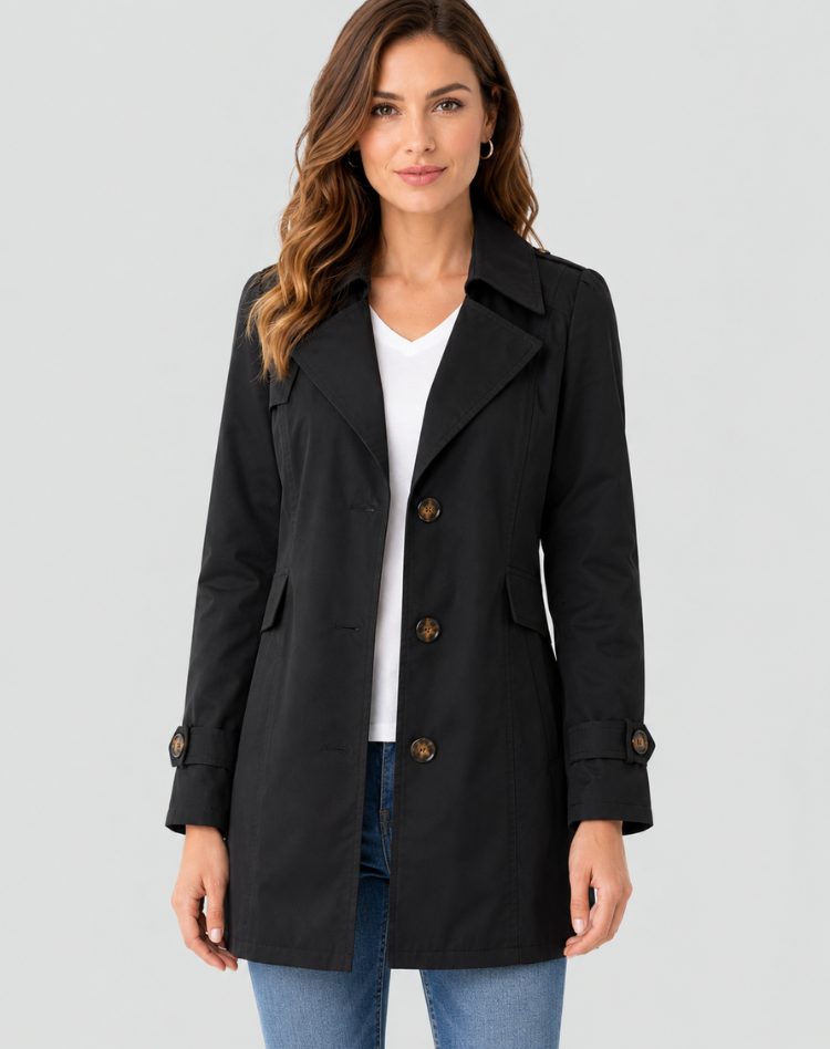 Women's Classic Short Trench Coat, Button Front, Long Sleeves