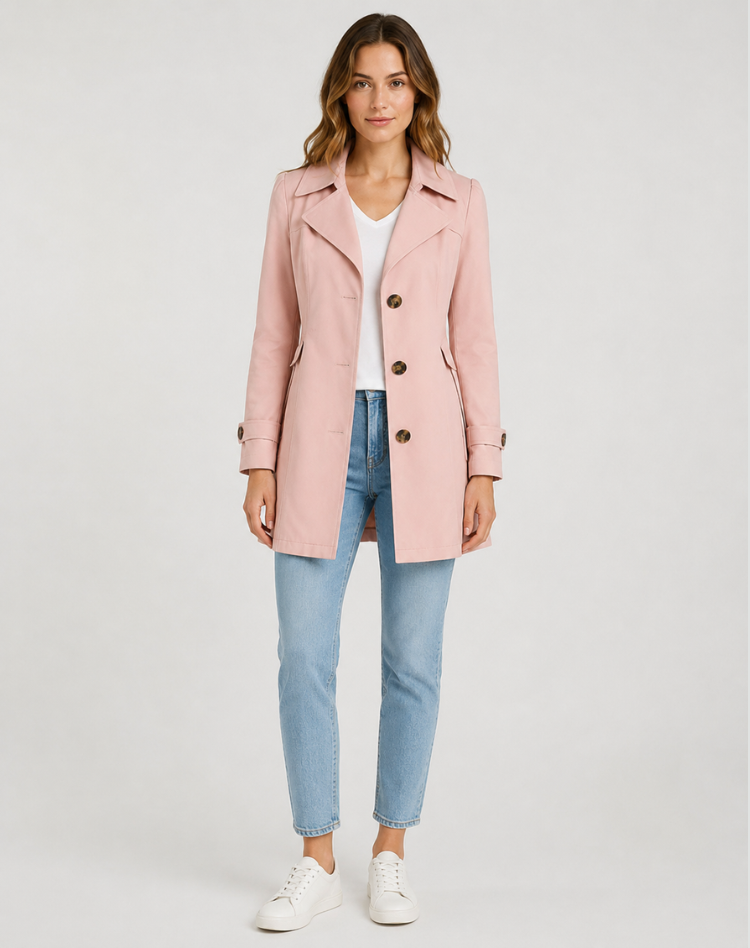 Women's Classic Short Trench Coat, Button Front, Long Sleeves