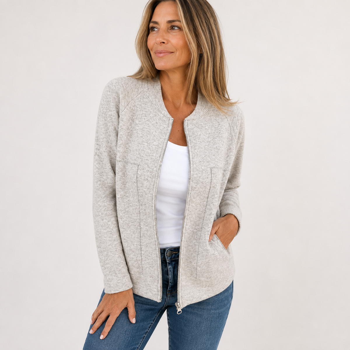 Women's Knit Bomber Cardigan, Zip Front, Long Sleeves