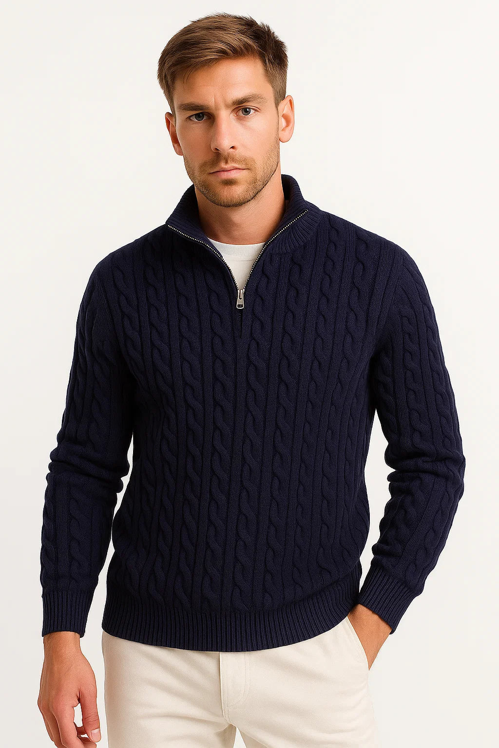 Konrad | Mens Cable-Knit Spring Quarter-Zip Sweater — Classic Texture in 5 Colors | Westmere