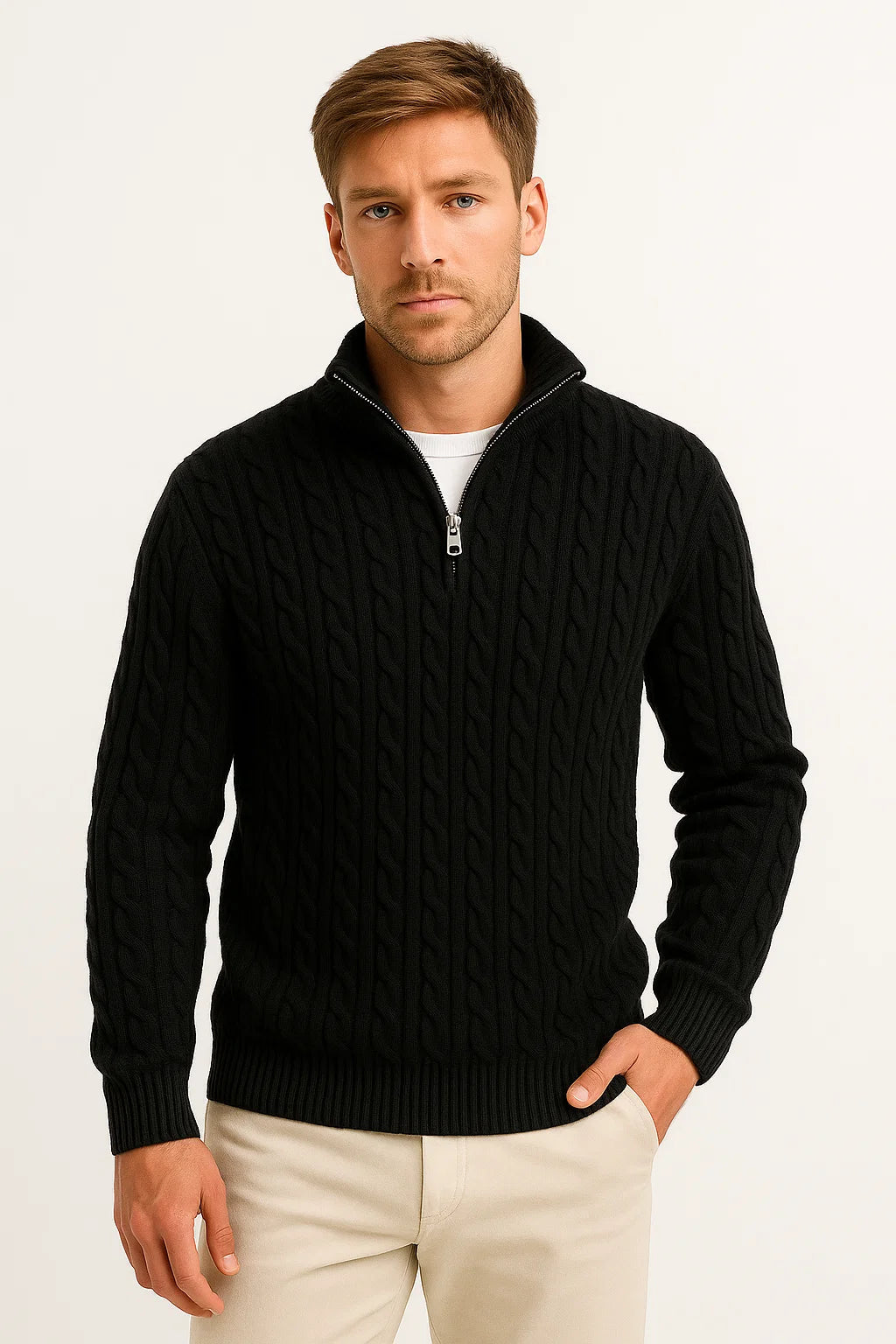 Konrad | Mens Cable-Knit Spring Quarter-Zip Sweater — Classic Texture in 5 Colors | Westmere
