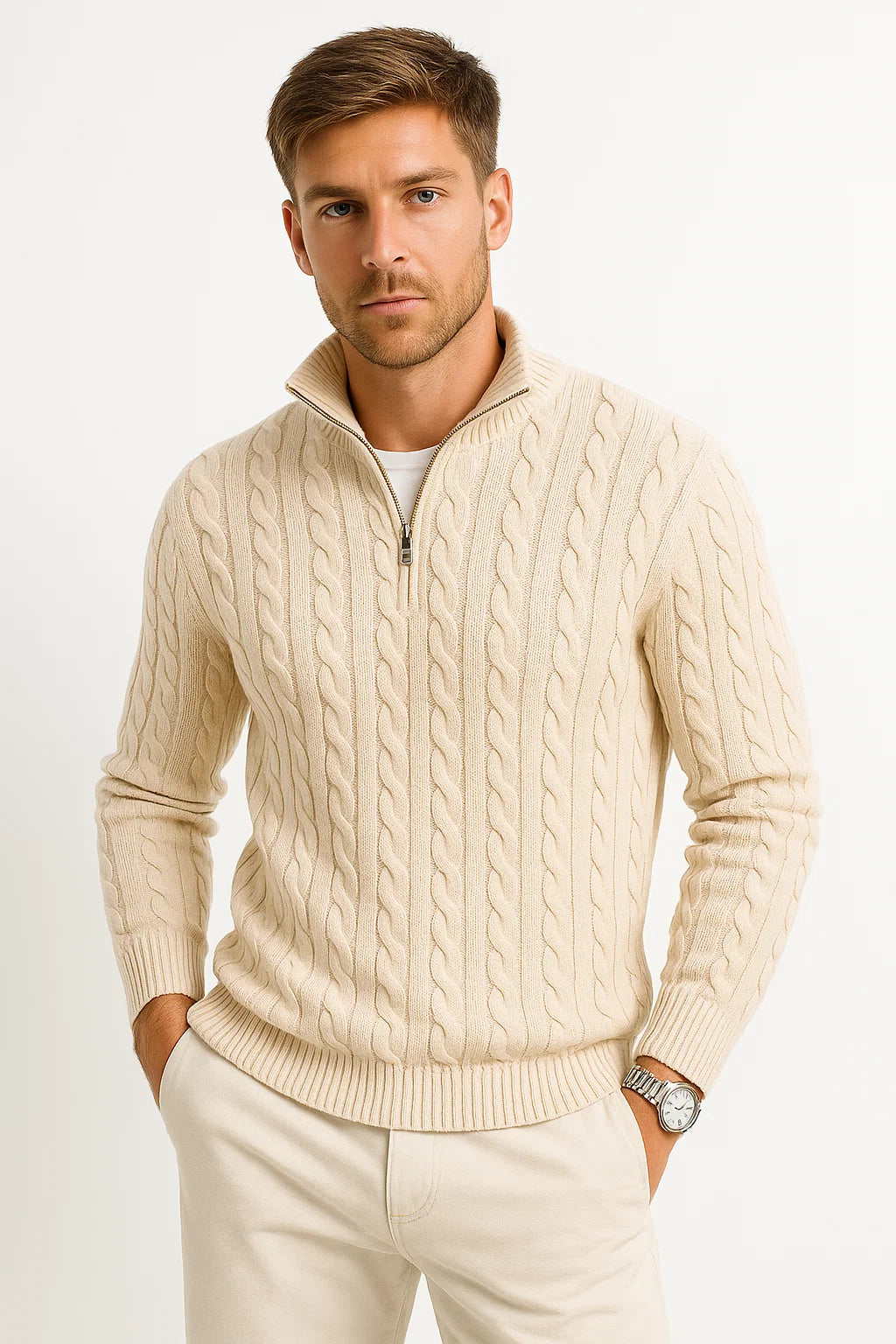 Konrad | Mens Cable-Knit Spring Quarter-Zip Sweater — Classic Texture in 5 Colors | Westmere
