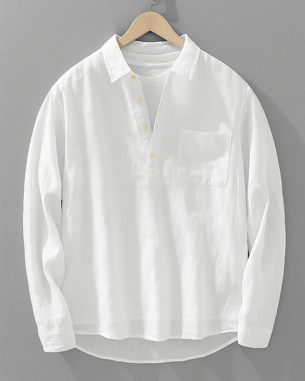 Men's Long Sleeve Popover Shirt, Button Placket, Chest Pocket
