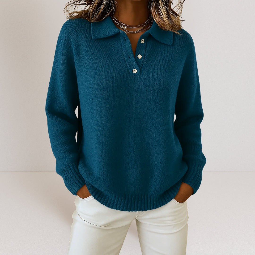 Holly | Womens Knit Sweater with Polo Collar and Button Placket | Relaxed Fit | Navy, Red, Brown and More S-5XL