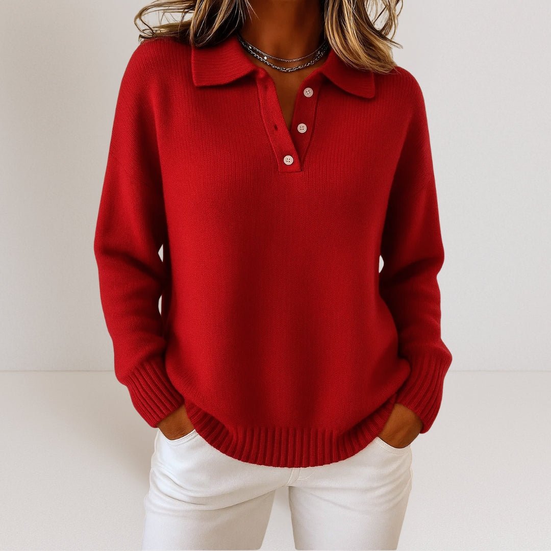 Holly | Womens Knit Sweater with Polo Collar and Button Placket | Relaxed Fit | Navy, Red, Brown and More S-5XL