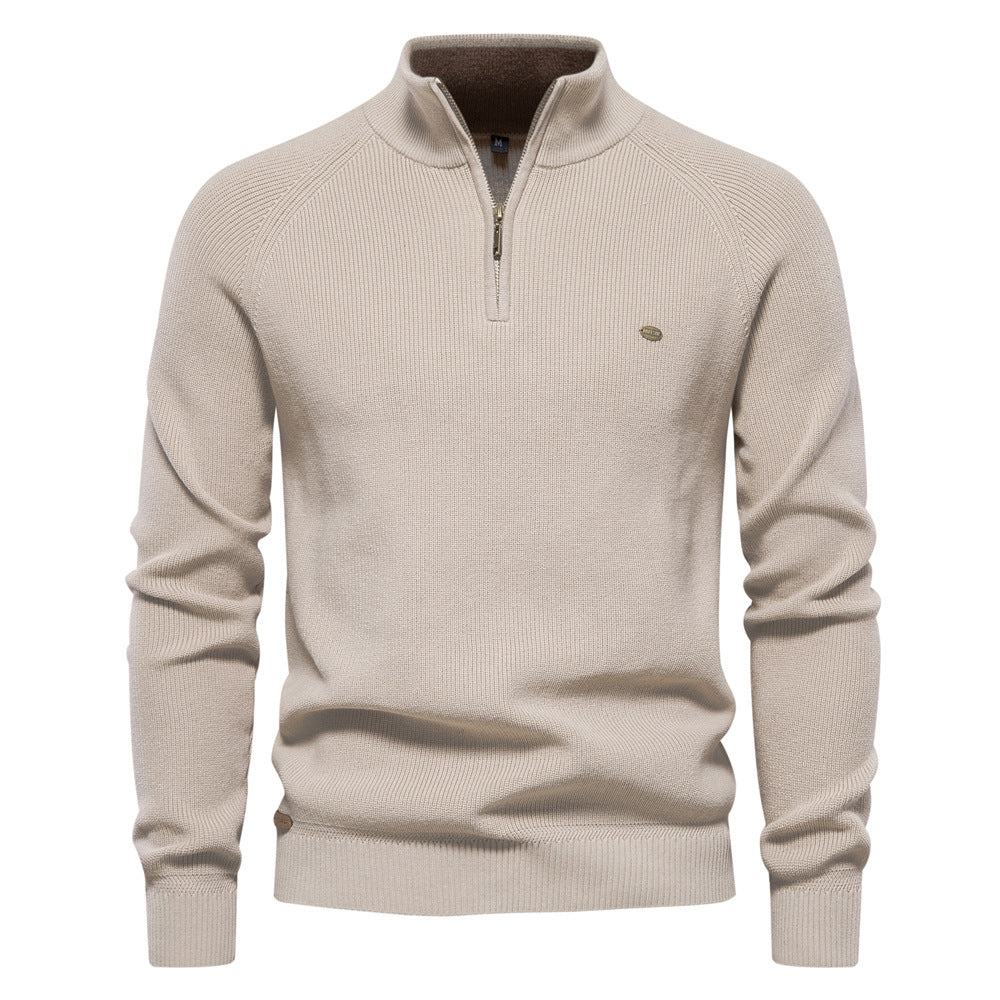 Men's Quarter-Zip Ribbed Knit Sweater, Stand Collar, Long Sleeves