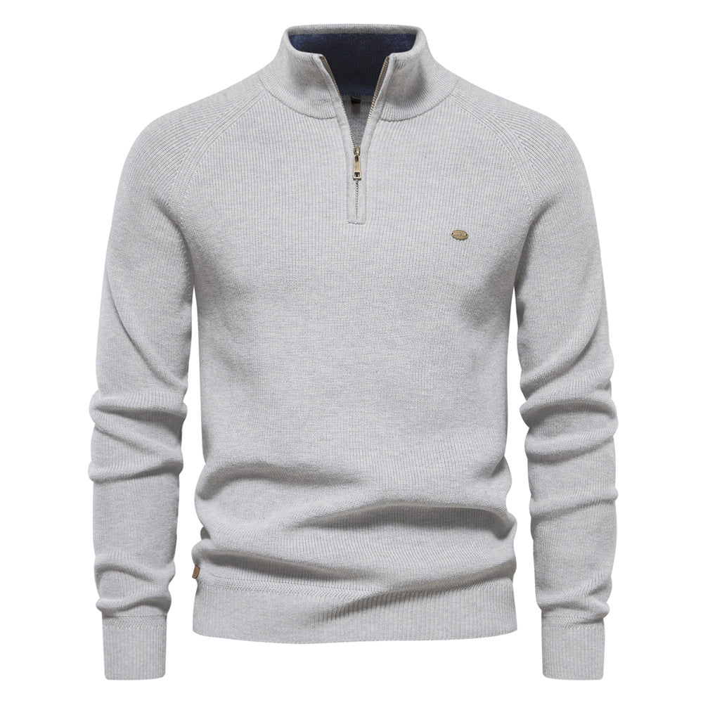 Men's Quarter-Zip Ribbed Knit Sweater, Stand Collar, Long Sleeves