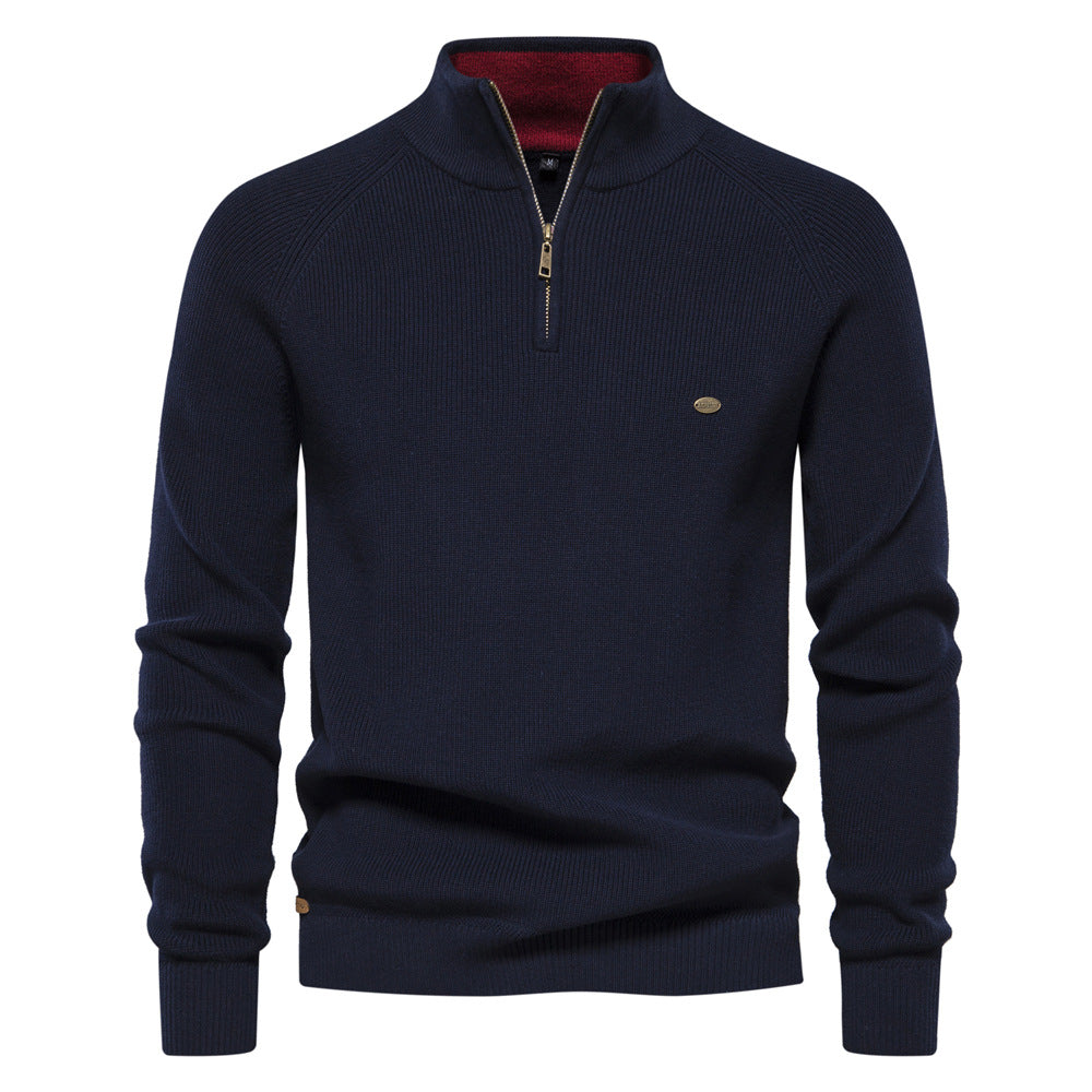 Men's Quarter-Zip Ribbed Knit Sweater, Stand Collar, Long Sleeves