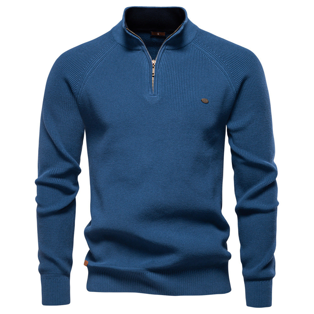 Men's Quarter-Zip Ribbed Knit Sweater, Stand Collar, Long Sleeves