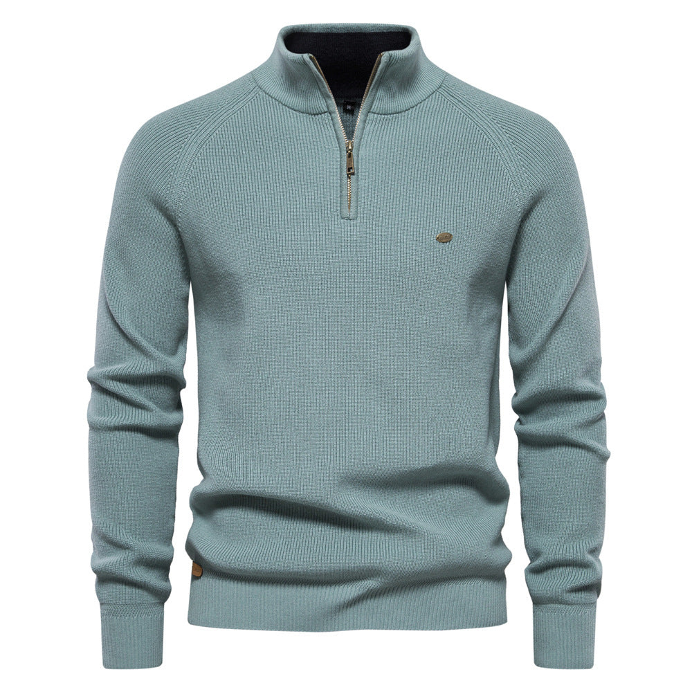 Men's Quarter-Zip Ribbed Knit Sweater, Stand Collar, Long Sleeves