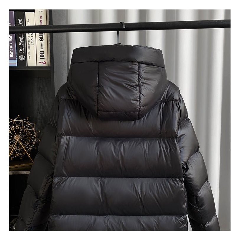 Women's Puffer Jacket with Down Filling and Longline Cut | Hood, Zip Closure, Pockets | For Winter | Size S-2XL | Black
