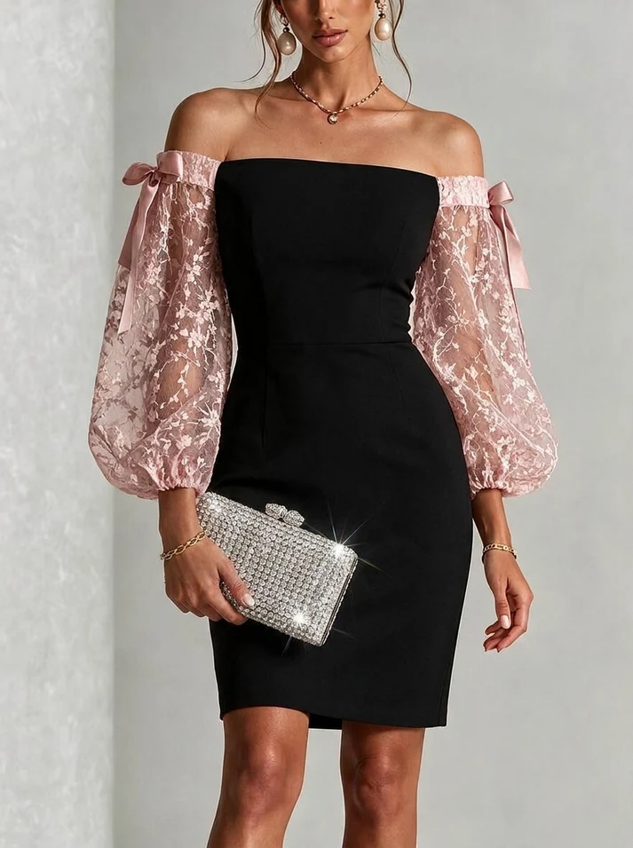 Elegant Black Lace Cocktail Dress for Women with Off Shoulder Balloon Sleeve Bodycon Formal Style