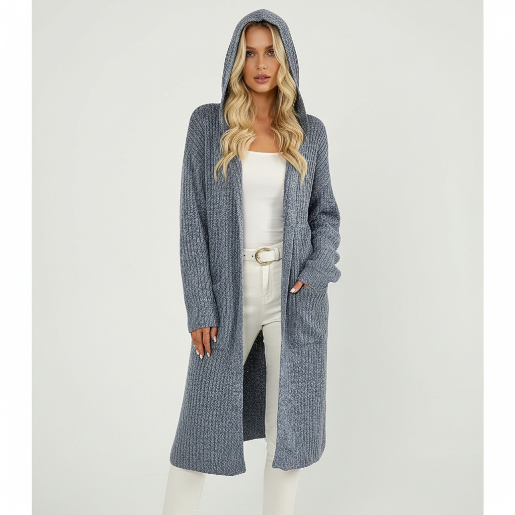 Women's Long Hooded Cardigan with Front Pockets