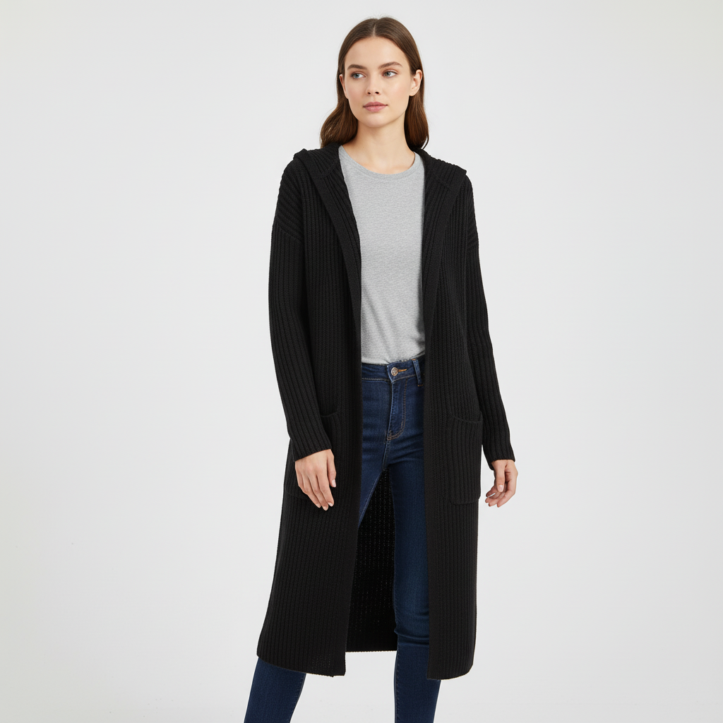 Women's Long Hooded Cardigan with Front Pockets