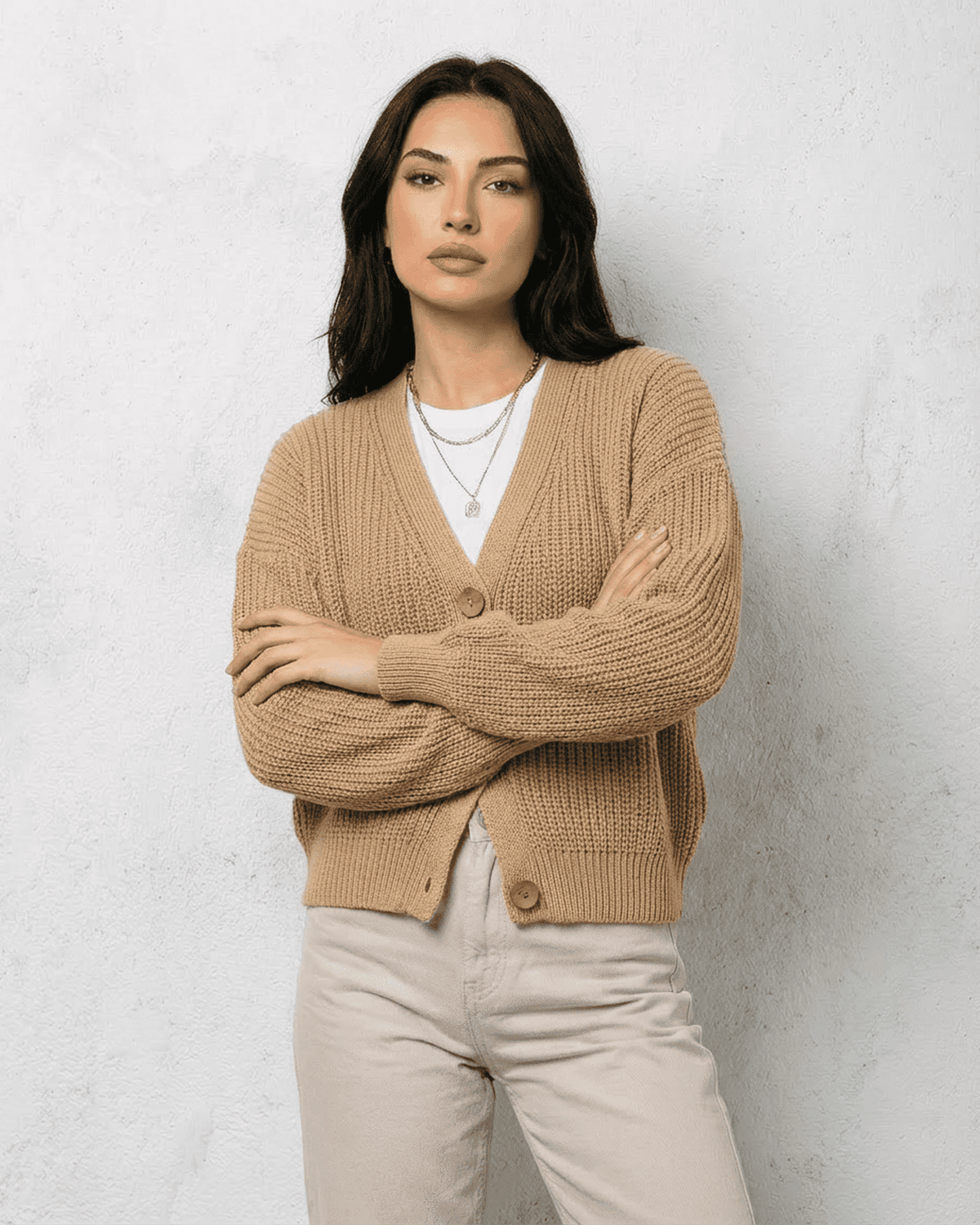 Women's Beige V-Neck Button Cardigan, Long Sleeves, Ribbed Trim