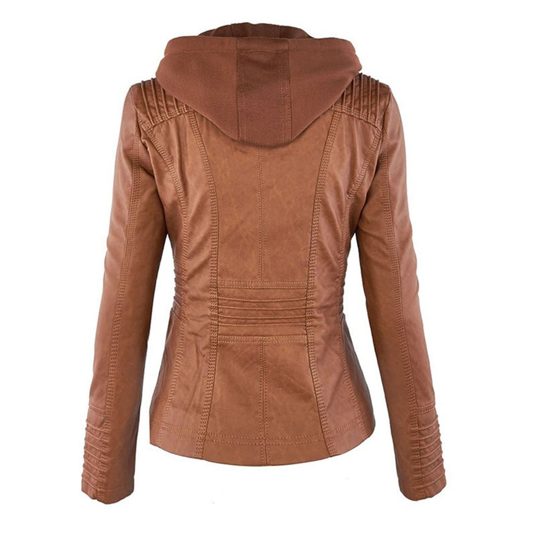 Leah | Womens Faux Leather Biker Jacket with Removable Hood | Zip Details | Black, Brown, Beige and More XS-5XL