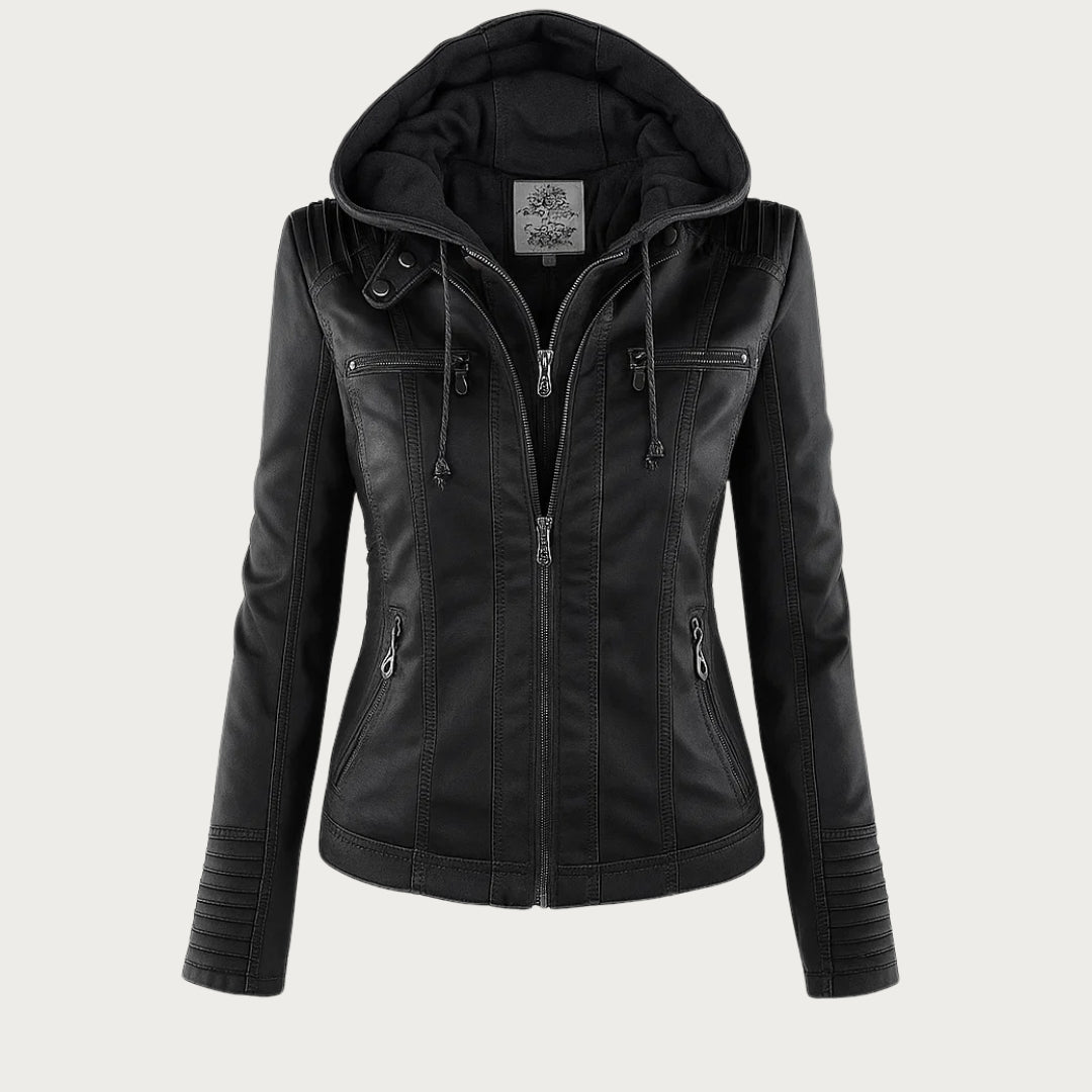 Leah | Womens Faux Leather Biker Jacket with Removable Hood | Zip Details | Black, Brown, Beige and More XS-5XL