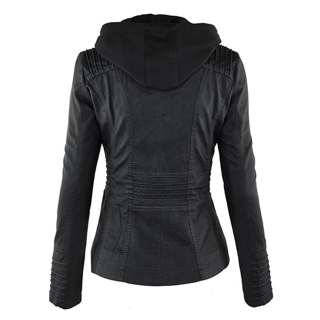 Leah | Womens Faux Leather Biker Jacket with Removable Hood | Zip Details | Black, Brown, Beige and More XS-5XL