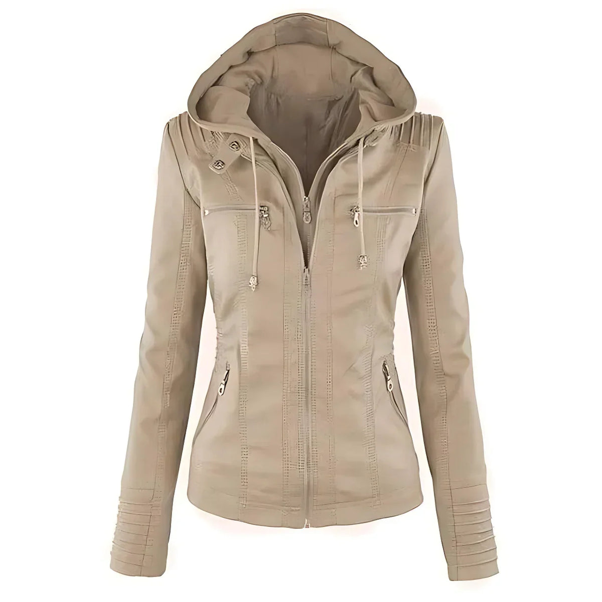 Leah | Womens Faux Leather Biker Jacket with Removable Hood | Zip Details | Black, Brown, Beige and More XS-5XL
