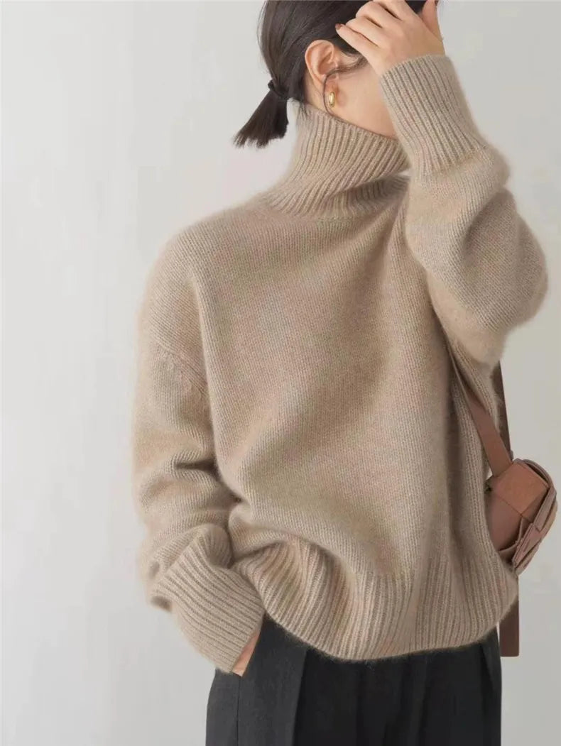 Women's Fuzzy Turtleneck Sweater Oversized Drop Shoulder Knit Pullover