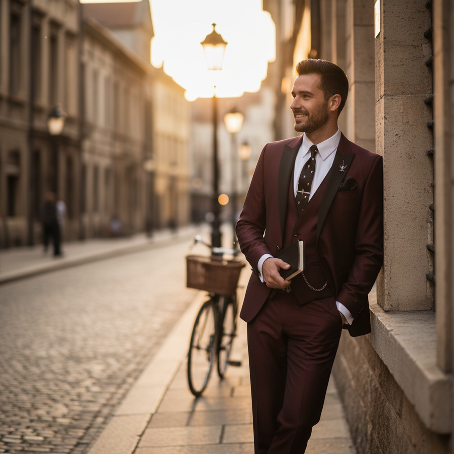 Men's Three Piece Suit, Notch Lapel, Contrast Trim