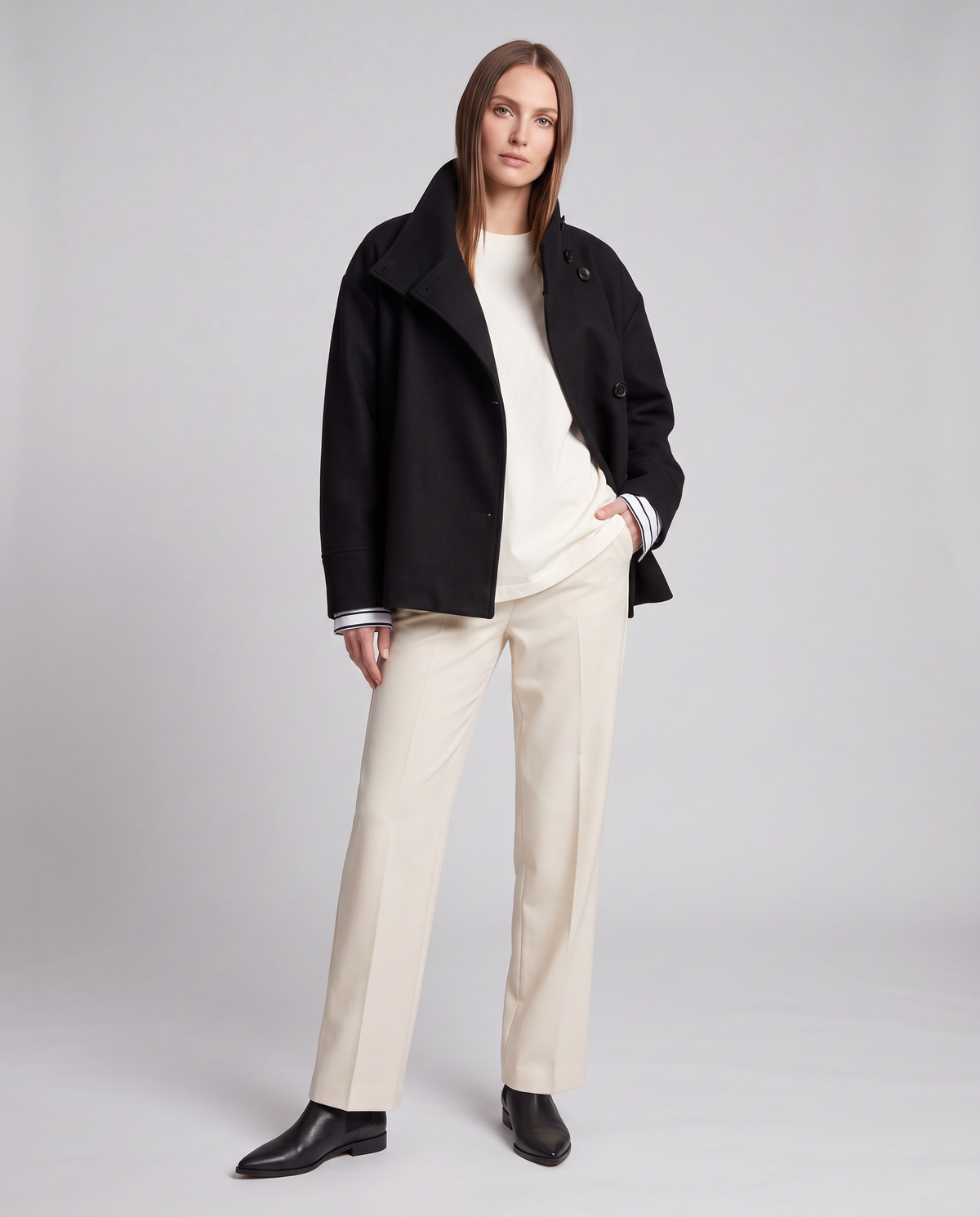 Women's Short Coat, High Collar, Button Front
