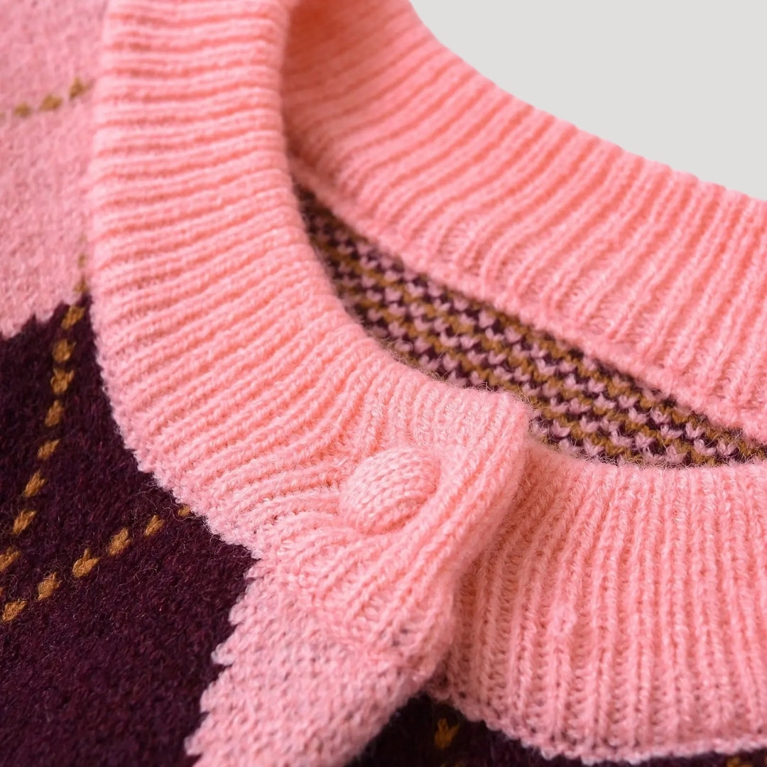 Women's Pink Argyle Cropped Cardigan, Crew Neck, Long Sleeves
