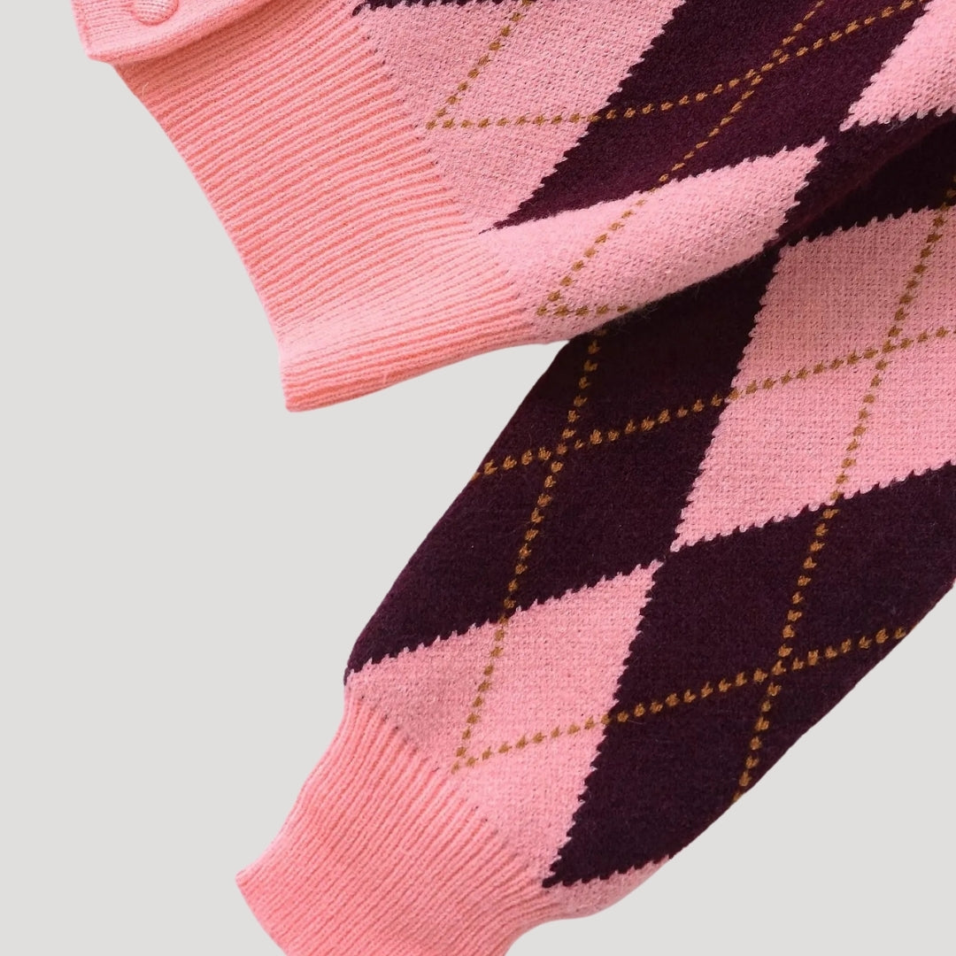 Women's Pink Argyle Cropped Cardigan, Crew Neck, Long Sleeves