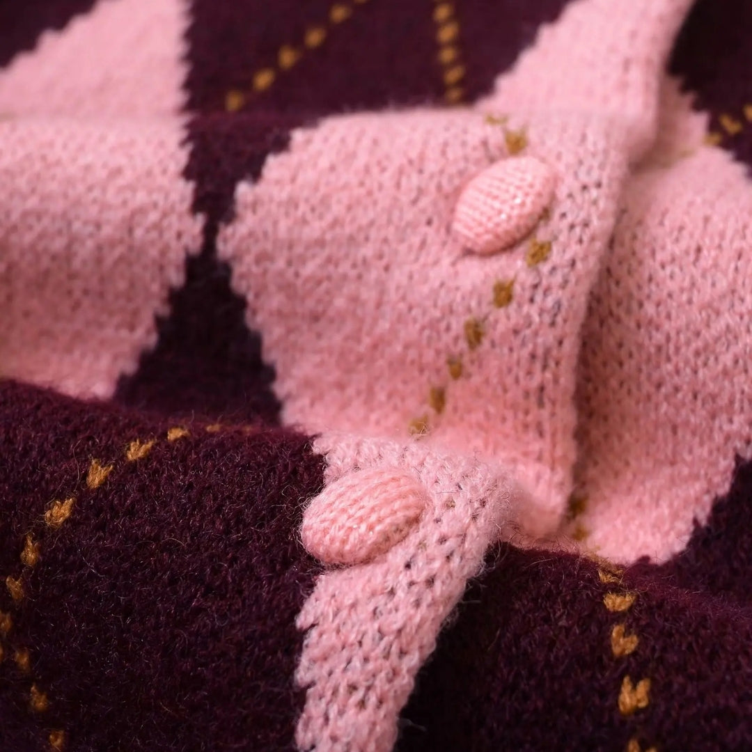 Women's Pink Argyle Cropped Cardigan, Crew Neck, Long Sleeves