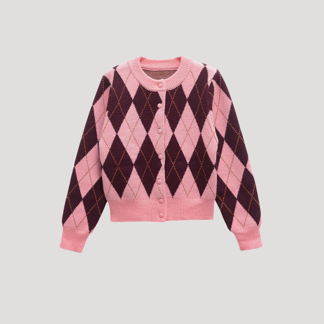 Women's Pink Argyle Cropped Cardigan, Crew Neck, Long Sleeves