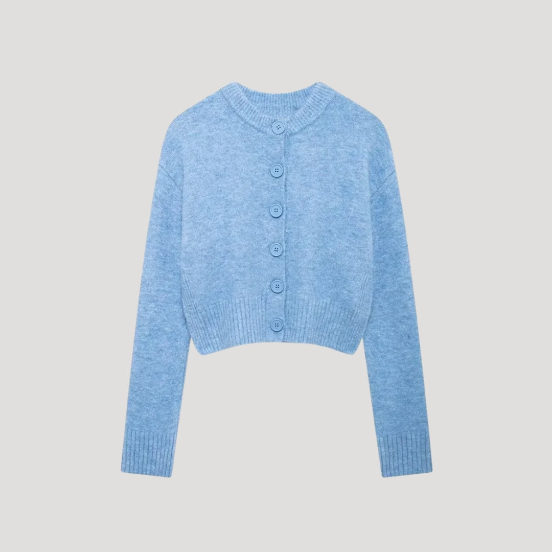 Women's Cropped Knit Cardigan, Crew Neck, Button Front
