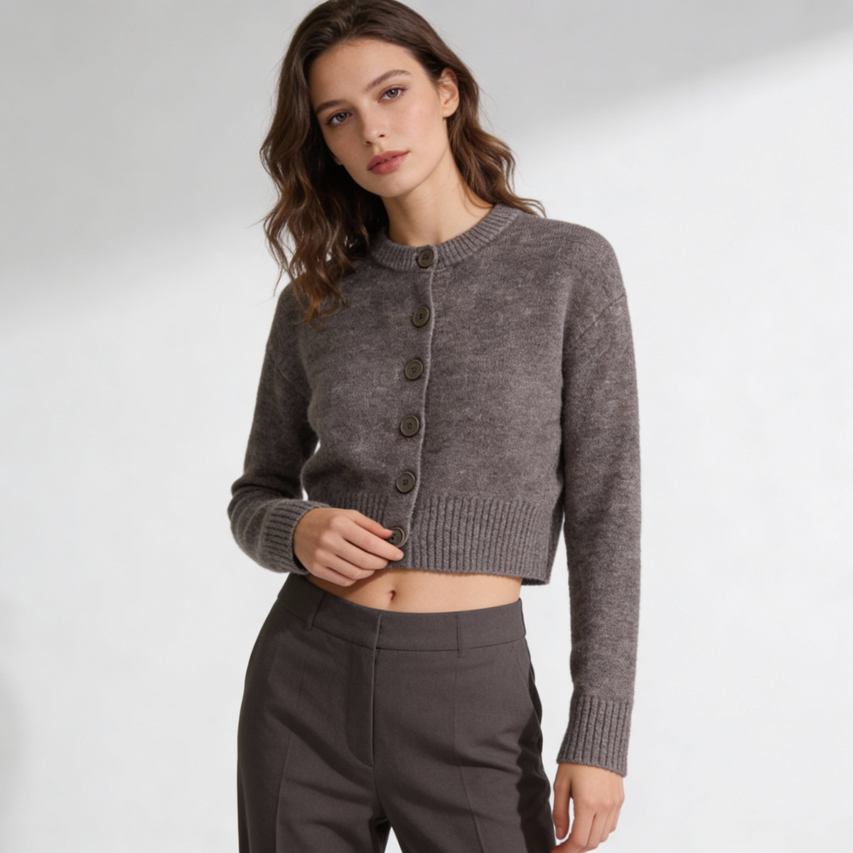 Women's Cropped Knit Cardigan, Crew Neck, Button Front