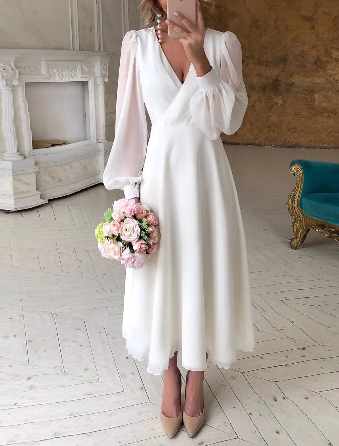 Women's V-Neck Wedding Guest Midi Dress – Long Sleeve Flowy Occasion Dress