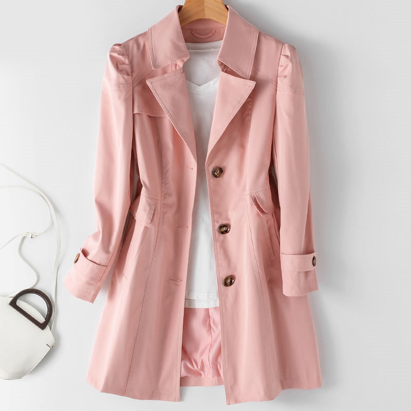 Véronique | Womens Mid-Length Trench Coat with Belt | Cotton Blend, Button Front | Black, White, Pink, Beige M-3XL