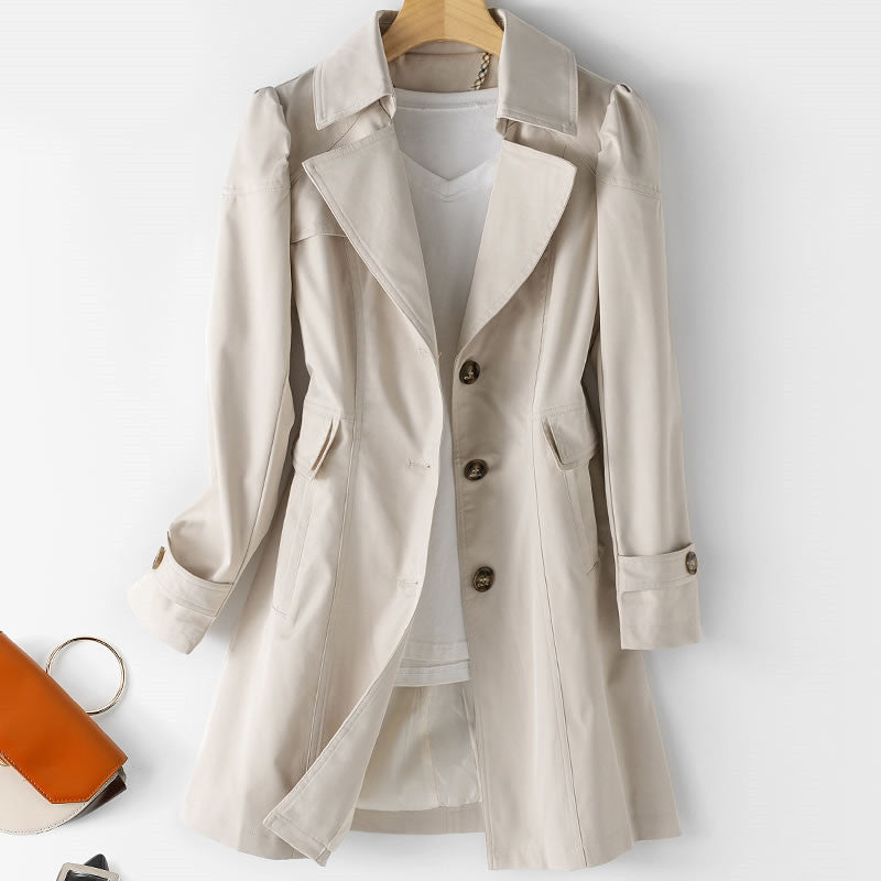 Véronique | Womens Mid-Length Trench Coat with Belt | Cotton Blend, Button Front | Black, White, Pink, Beige M-3XL